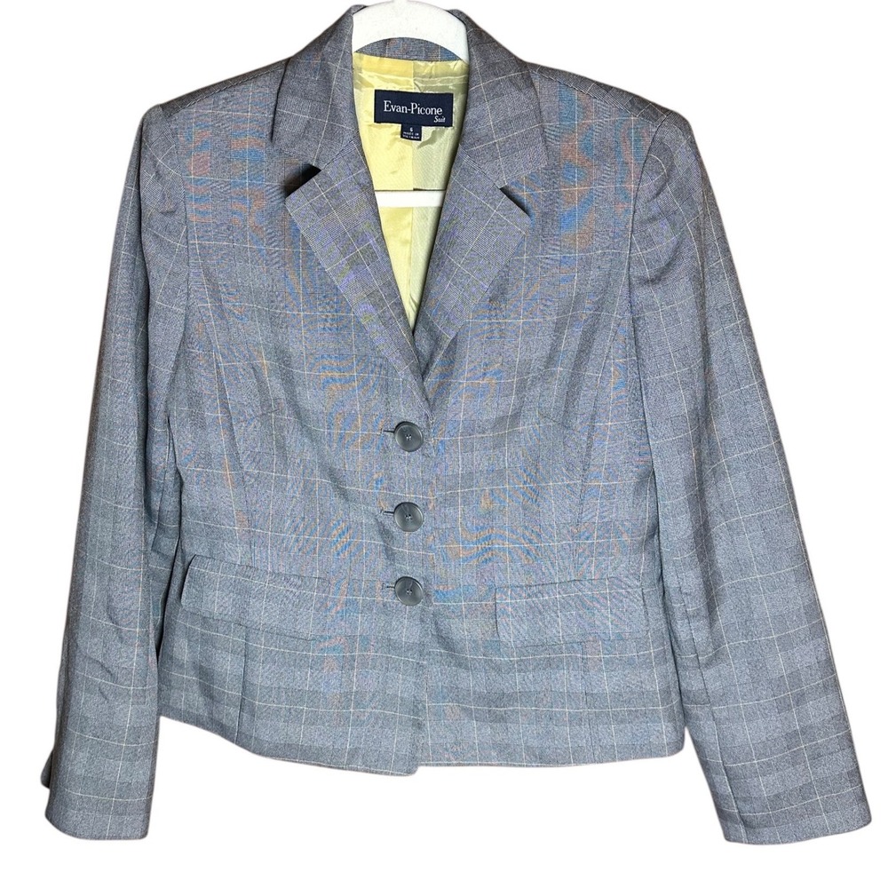 Evan-Picone Blazer Womens 6 Grey Plaid Yellow Pinstripe Lined Tailored Fit Work